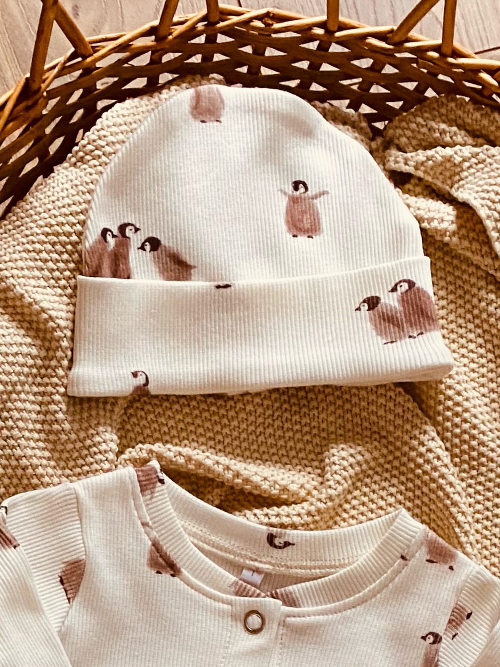 Bonnet naissance maternité manchots fait main Bonnet naissance maternité bébé fait main